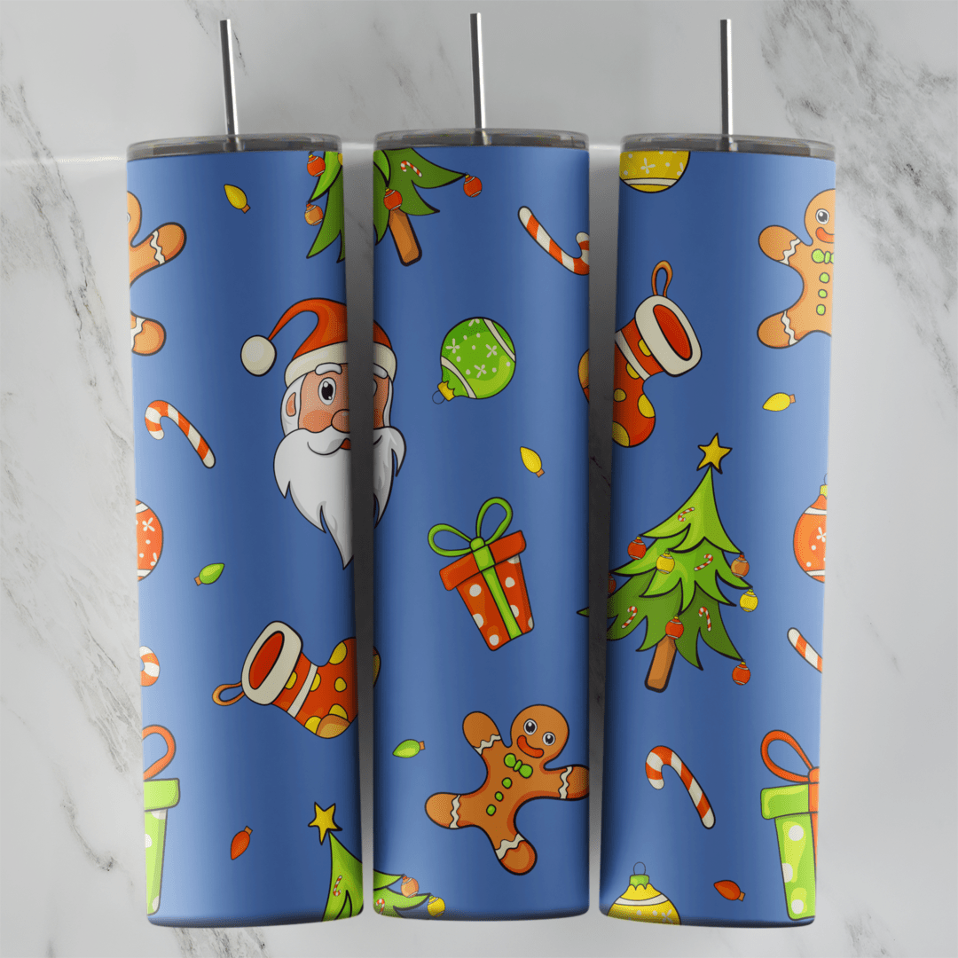 A full 20 oz skinny tumbler wrap with a Christmas pattern on blue: Santa, gingerbread men, candy canes, wrapped gifts. Sublimation design