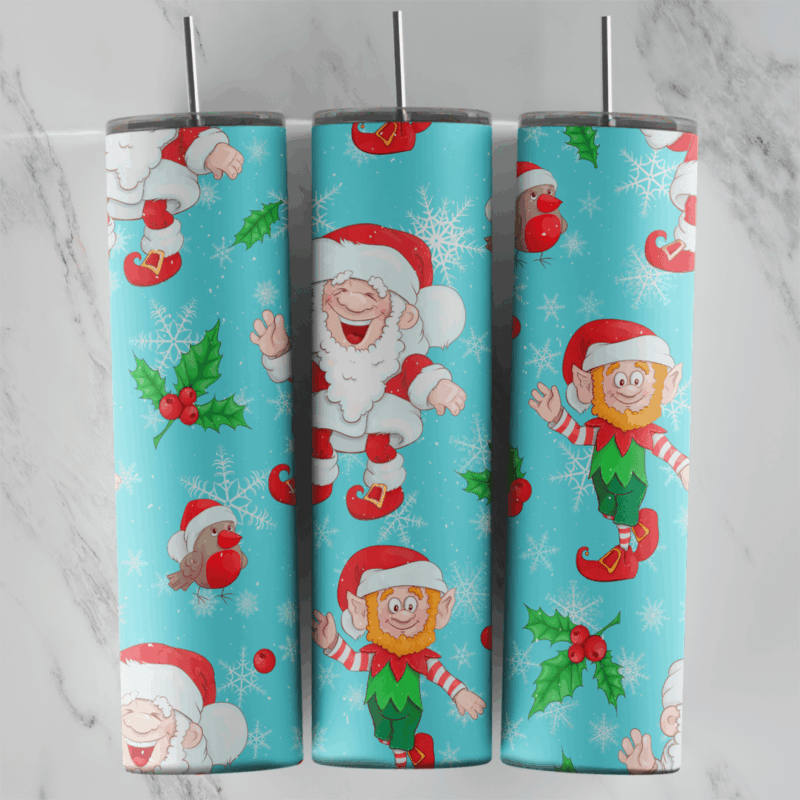 A full 20 oz skinny tumbler wrap on light blue with Santa, Christmas elves, a robin, holly leaves and snowflakes. Sublimation design