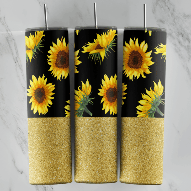 A sunflower tumbler wrap with yellow sunflowers and green leaves on a black background over a gold glitter band along the bottom. Sublimation design