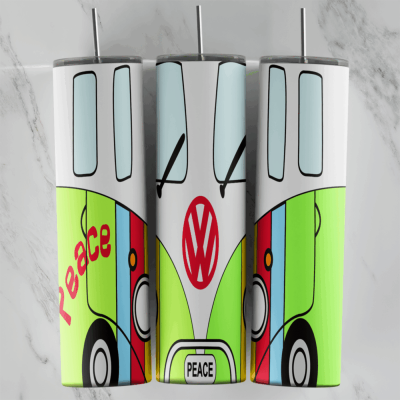 A tumbler wrap styled as a hippie Volkswagen bus front in lime green, white and rainbow stripes, with the VW logo, Peace. Sublimation design