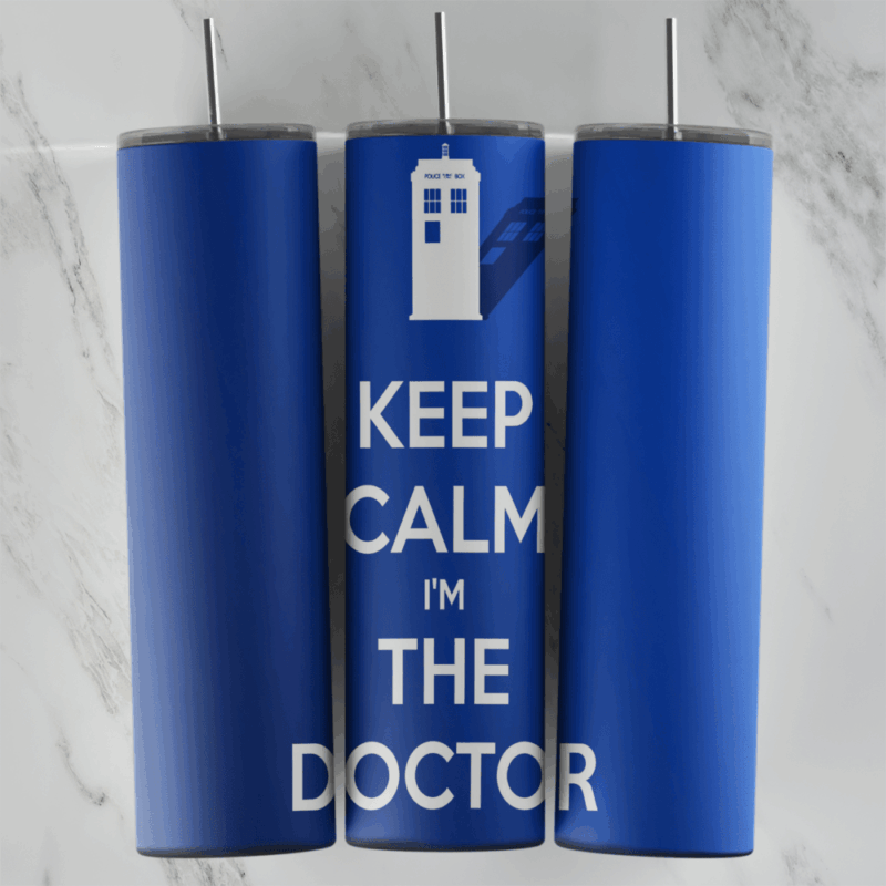 A full 20 oz skinny tumbler wrap in solid blue with white Keep Calm I’m the Doctor lettering under a small blue police box. Sublimation design