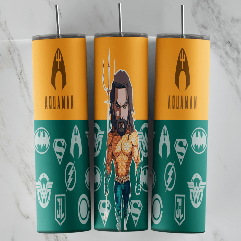 20 Oz Aquaman Chibi Hero Orange and Teal Tumbler Cup Design