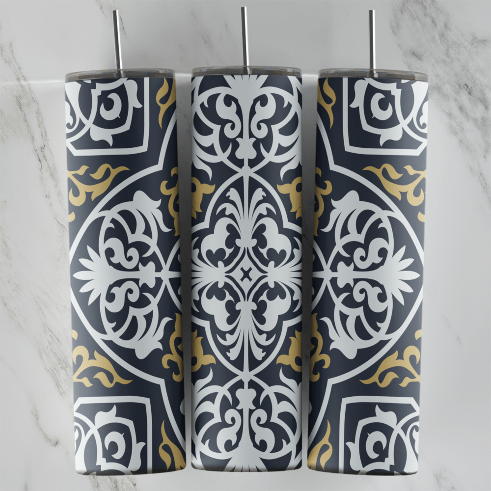 20 Oz Charcoal and Gold Arabesque Pattern Tumbler Cup Design