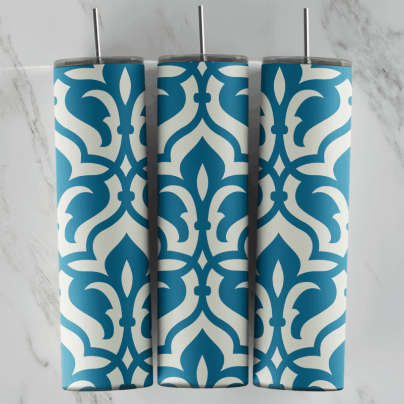 A 20 oz skinny tumbler wrap with a teal arabesque pattern on cream: interlocking ogee shapes and fleur motifs repeating around. Sublimation design