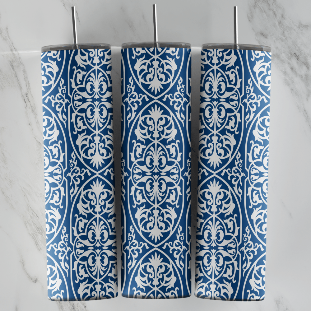 20 Oz Navy Blue Arabesque Pattern Tumbler Cup Design