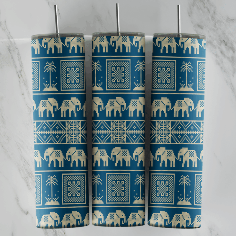 A 20 oz skinny tumbler wrap with a teal blue cross-stitch pattern of cream elephants in rows, palm trees and square geometric. Sublimation design