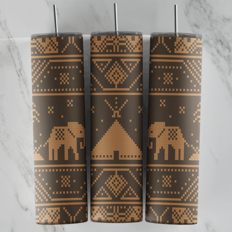 A 20 oz skinny tumbler wrap with a brown knit style pattern: tan elephants, a tent shape, diamonds and geometric borders stitched. Sublimation design