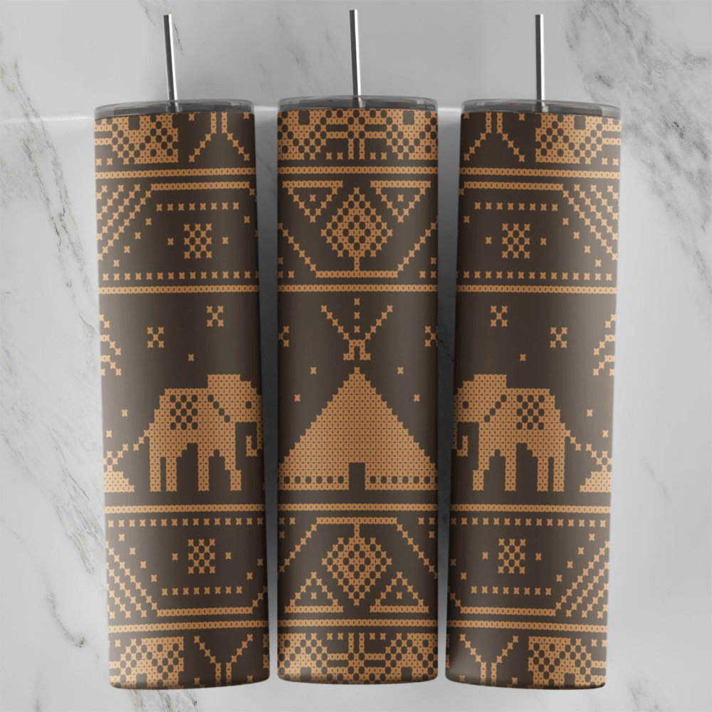 20 Oz Retro Knit Elephant and Tent Tumbler Cup Design