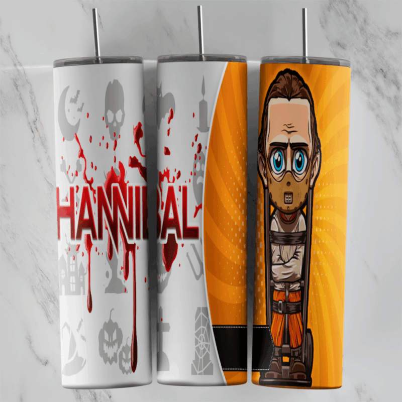 A full 20 oz skinny tumbler wrap with a cartoon Hannibal Lecter strapped in a straitjacket and mask on an orange sunburst. Sublimation design