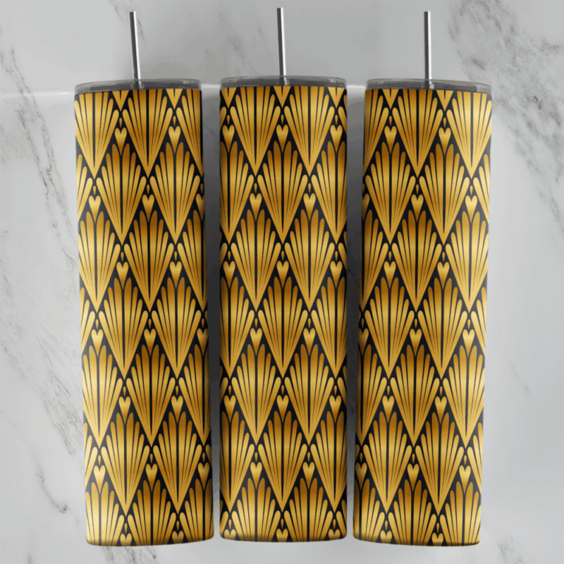 A 20 oz skinny tumbler wrap with a tight black and gold art deco pattern of small gold fans in repeating rows. Sublimation design