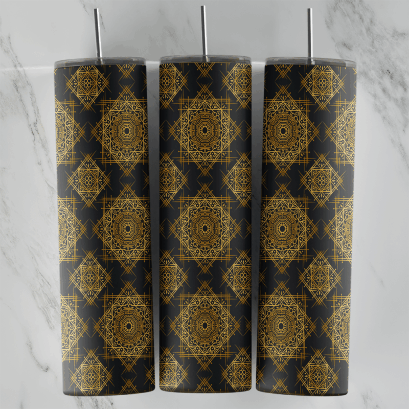 A 20 oz skinny tumbler wrap with small gold mandala medallions set in a diamond grid on a black background. Sublimation design