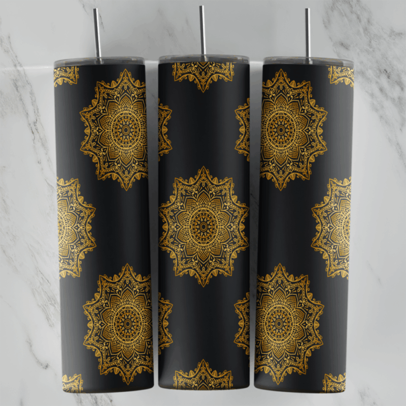 A 20 oz skinny tumbler wrap with large gold lace mandalas spaced evenly across a plain black background for a simple luxury look. Sublimation design