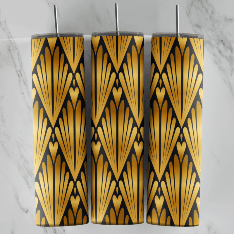A 20 oz skinny tumbler wrap with bold gold art deco scales on black: big fan shapes with fine ribbed lines stacked in rows. Sublimation design