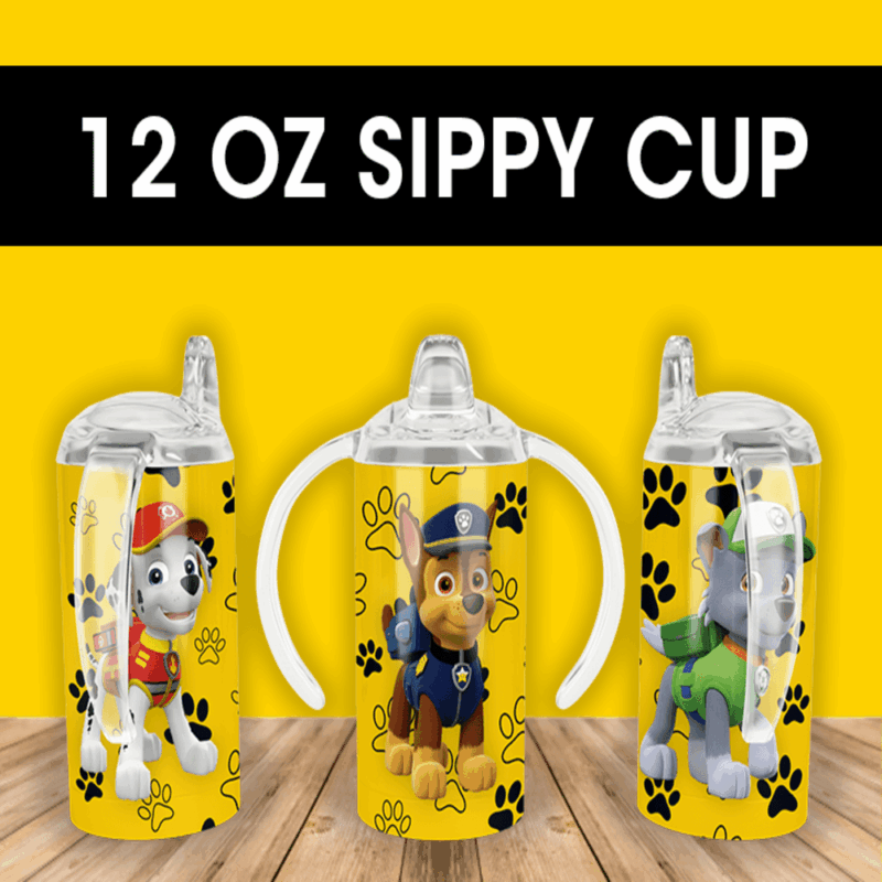 A 12 oz sippy cup wrap on yellow with black paw prints showing Marshall, Chase in his police hat and Rocky in green. Sublimation design
