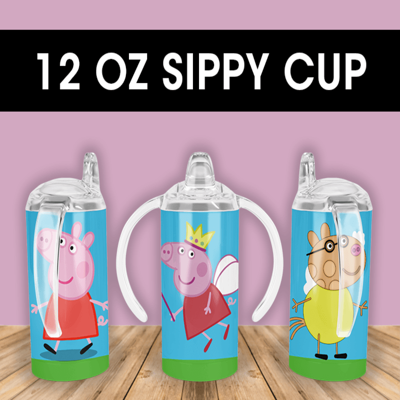 A kids sippy cup wrap with Peppa Pig in her red dress, Peppa as a fairy princess with a crown and wand, and Pedro Pony. Sublimation design