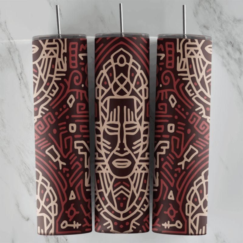 A 20 oz skinny tumbler wrap with a tribal mask face drawn in beige lines on a maroon background filled with maze like geometric. Sublimation design