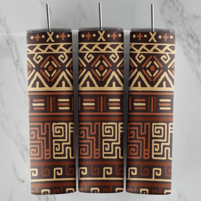 A 20 oz skinny tumbler wrap with brown and cream tribal pattern bands: triangles, zigzags, diamonds and maze-like Greek key. Sublimation design