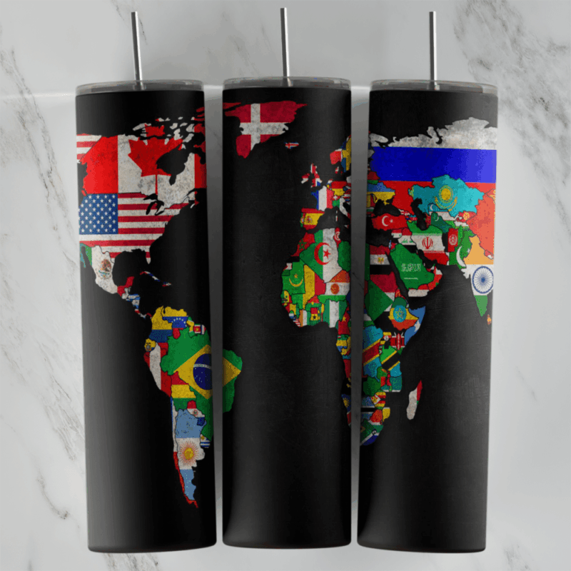 A black 20 oz tumbler wrap with a world map whose countries are filled with their national flags, like the USA, Canada, Russia. Sublimation design