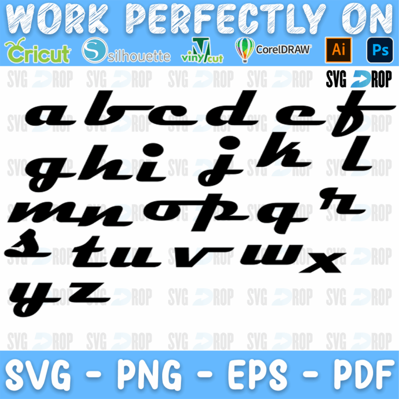 A Cars movie style alphabet in slanted black script: lowercase letters a to z with long sweeping strokes. Font SVG cut file