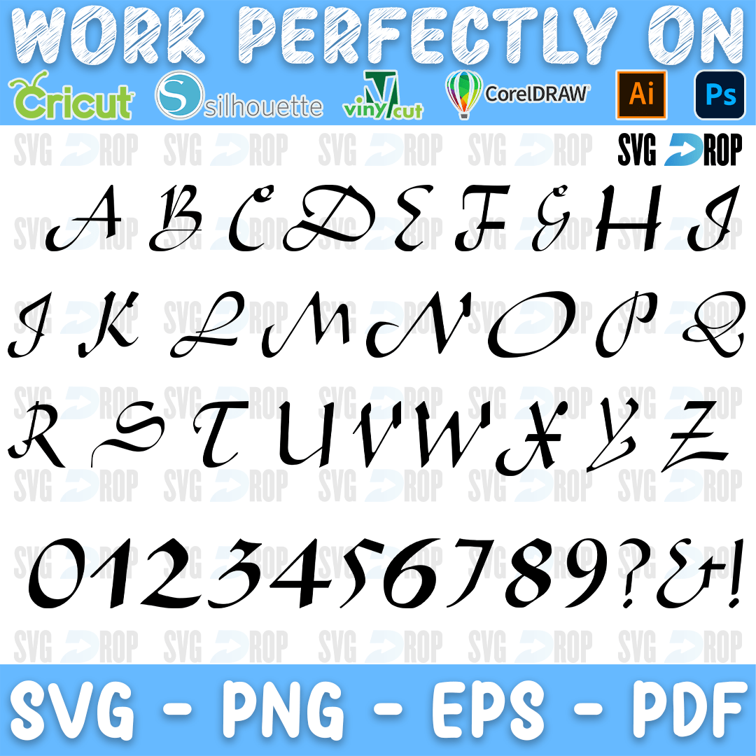 An Aladdin style calligraphy lettering set: flowing uppercase letters from A to Z, numbers 0 to 9 and a few punctuation marks. Font SVG cut file