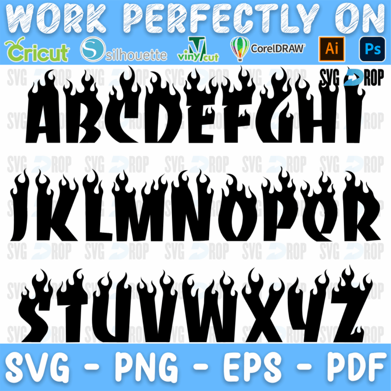 Flame font: letters in the Flame style for names, words and signs. Font SVG cut file