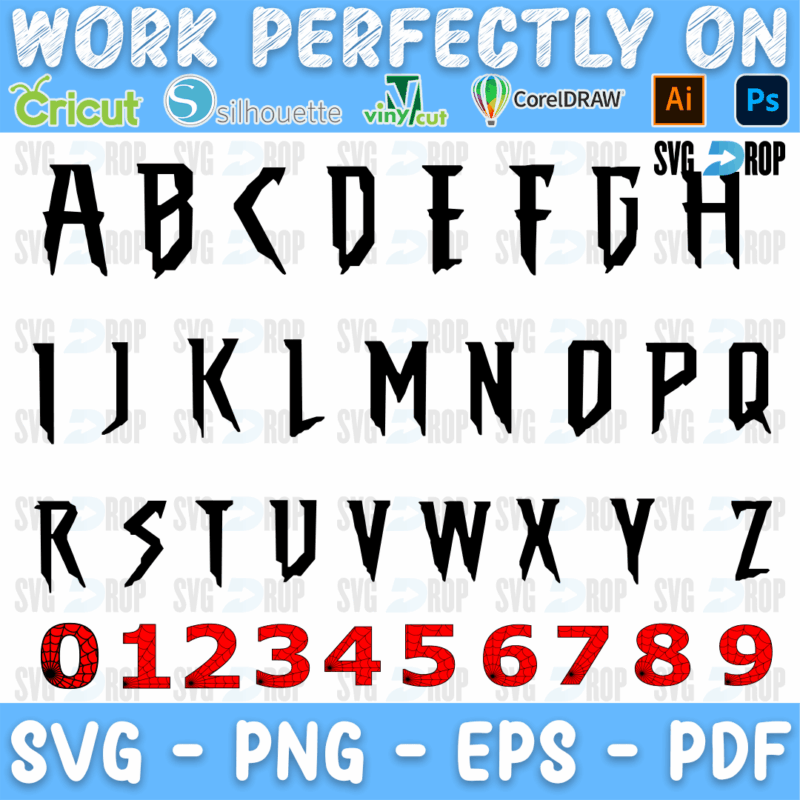 A Spider-Man style alphabet: sharp black capital letters A to Z with pointed ends, plus the numbers 0 to 9 in red. Font SVG cut file