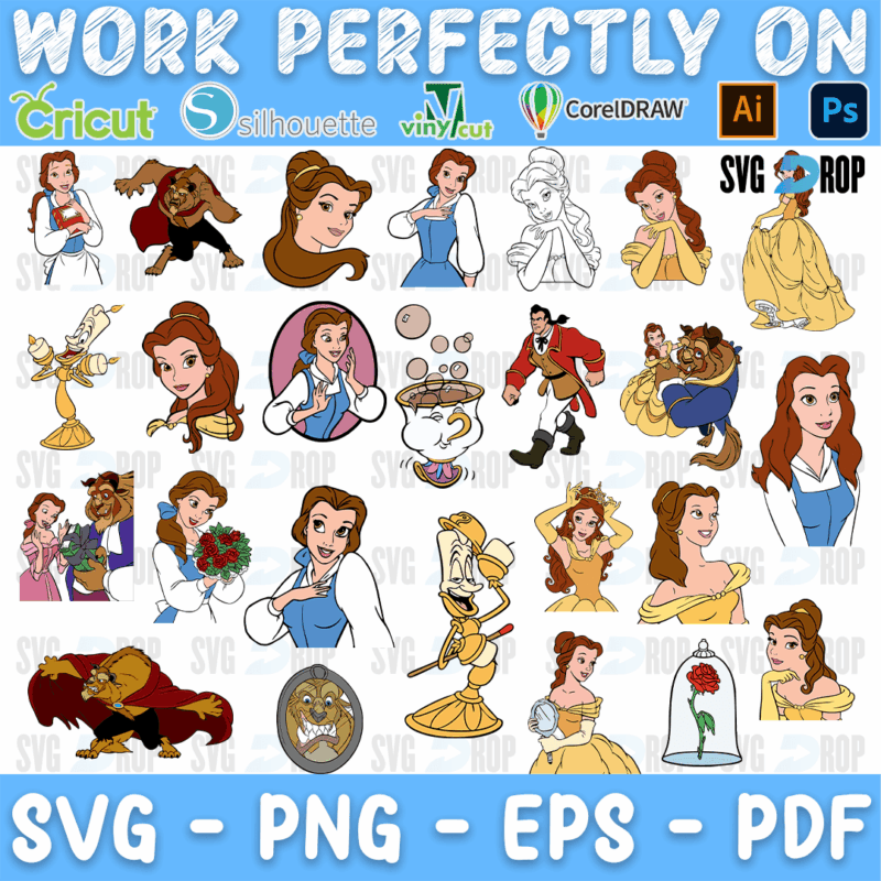 A sheet of full color Beauty and the Beast designs: Belle in her blue dress and yellow gown in many poses, the Beast, Gaston, Lumiere. SVG bundle