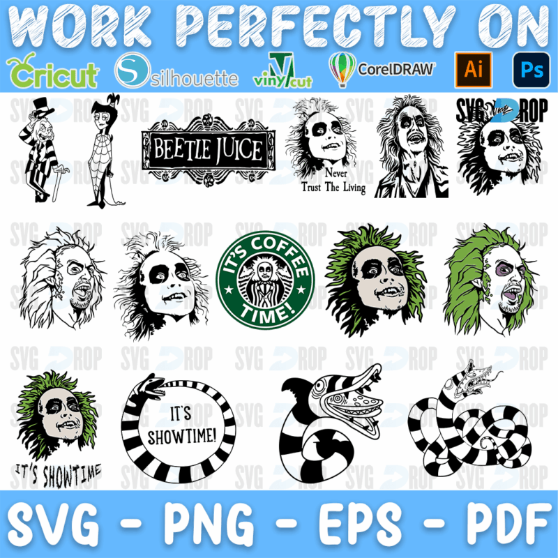 A sheet of Beetlejuice designs in black line art and color: Beetlejuice faces, It’s Showtime lettering, a striped sandworm, a Starbucks. SVG bundle