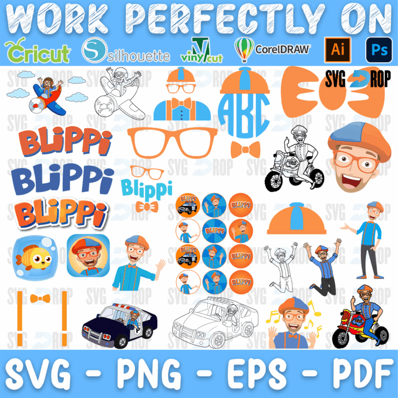 A sheet of Blippi designs in color and line art: an airplane, a police car, a motorcycle, bow ties, glasses, the hat, logos, round badges. SVG bundle