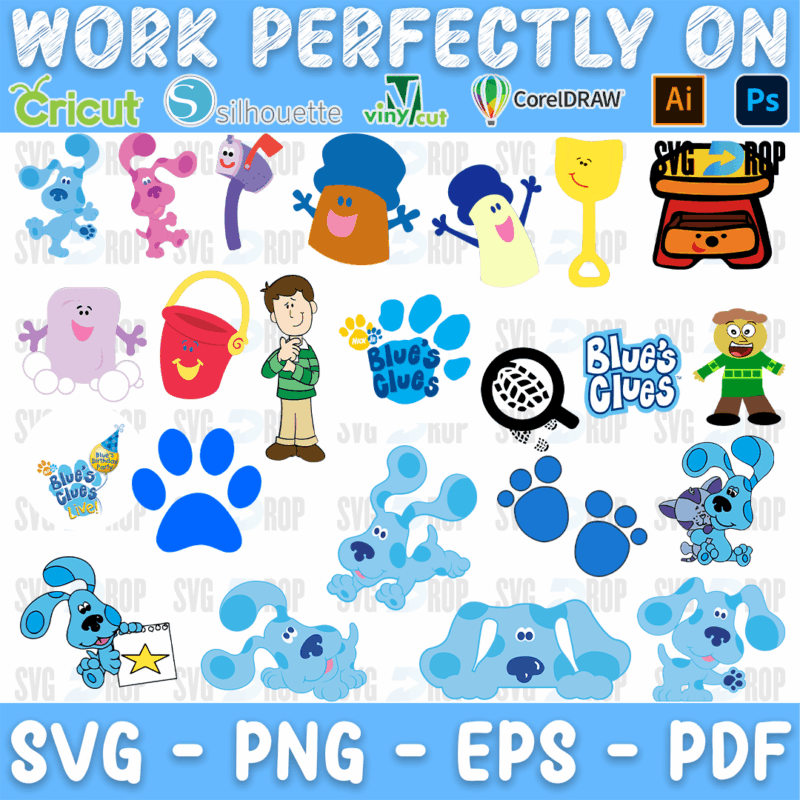 A full color Blue’s Clues design set: Blue in many poses, Steve, Magenta, Periwinkle, Shovel, Pail, Mailbox, the thinking chair. SVG bundle