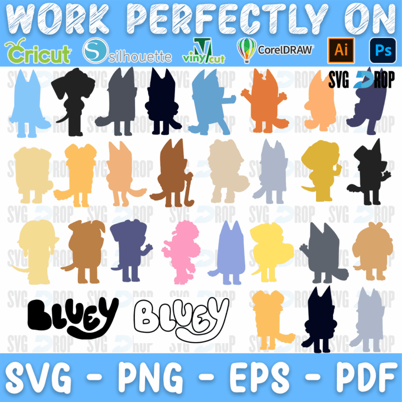 Bluey Solid Color Silhouettes Bundle SVG