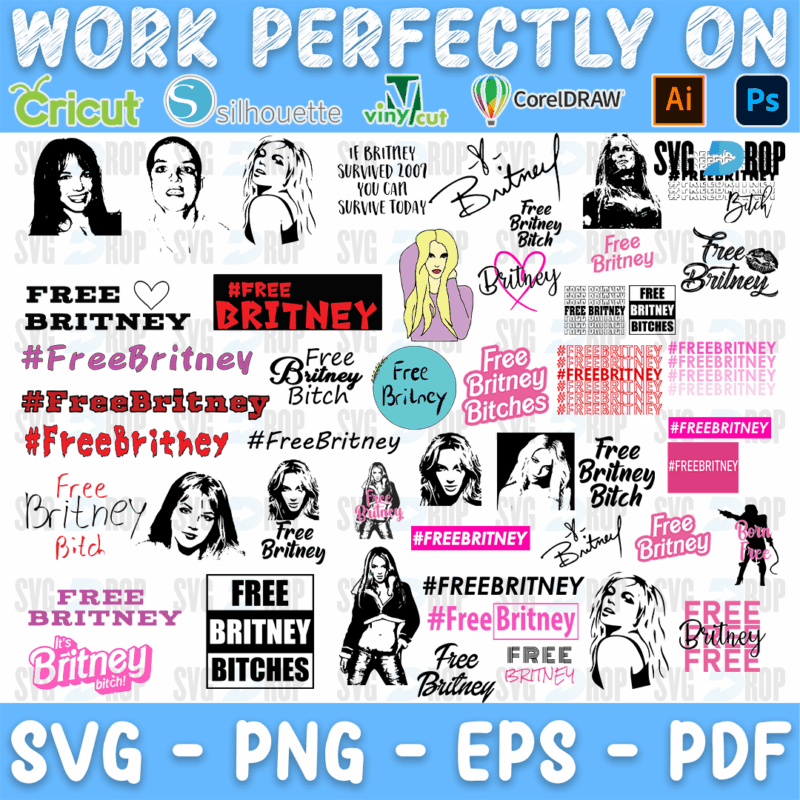 A Britney Spears set: black line portraits and a full color Britney, her signature, and many Free Britney and #FreeBritney lettering. SVG bundle