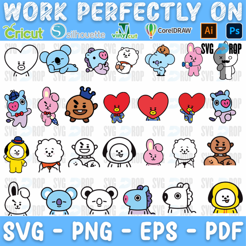 A large set of small baby BT21 characters in different poses: Koya, Mang, RJ, Cooky, Shooky, Chimmy and Tata hearts, in full color. SVG bundle