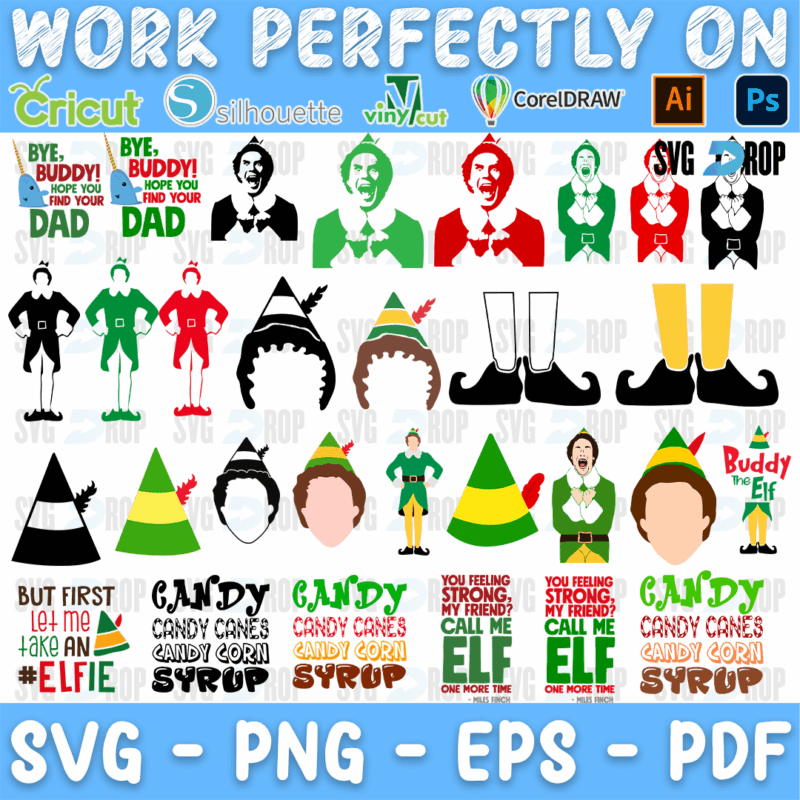 Buddy The Elf Christmas Faces and Candy Bundle SVG