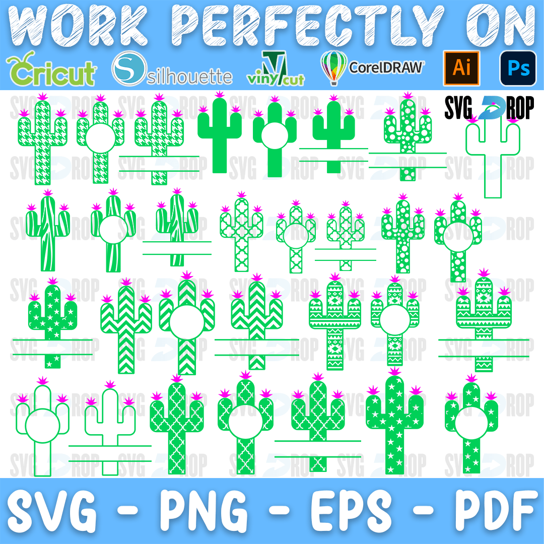 A set of green cactus monogram designs: split cactus frames for names with pink flowers, in solid, polka dot, chevron and patterned green. SVG bundle