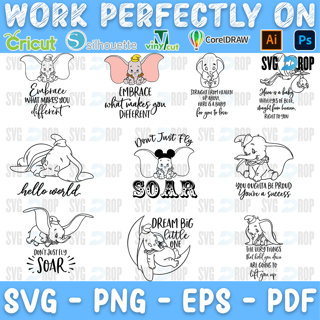 Dumbo Line Art Quotes Bundle SVG