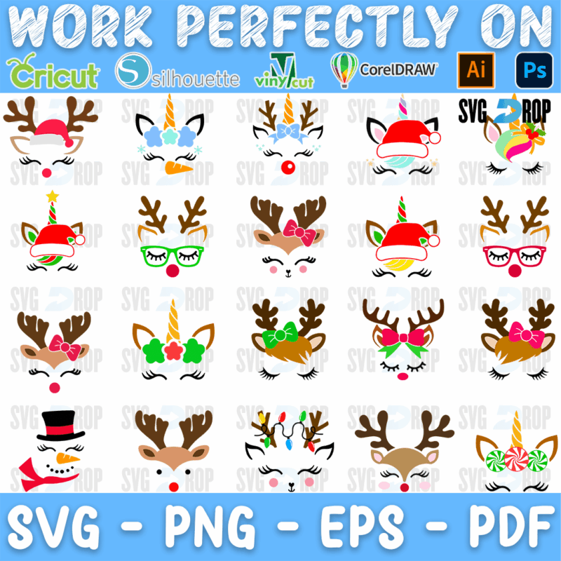 Christmas Unicorn Face Bundle SVG