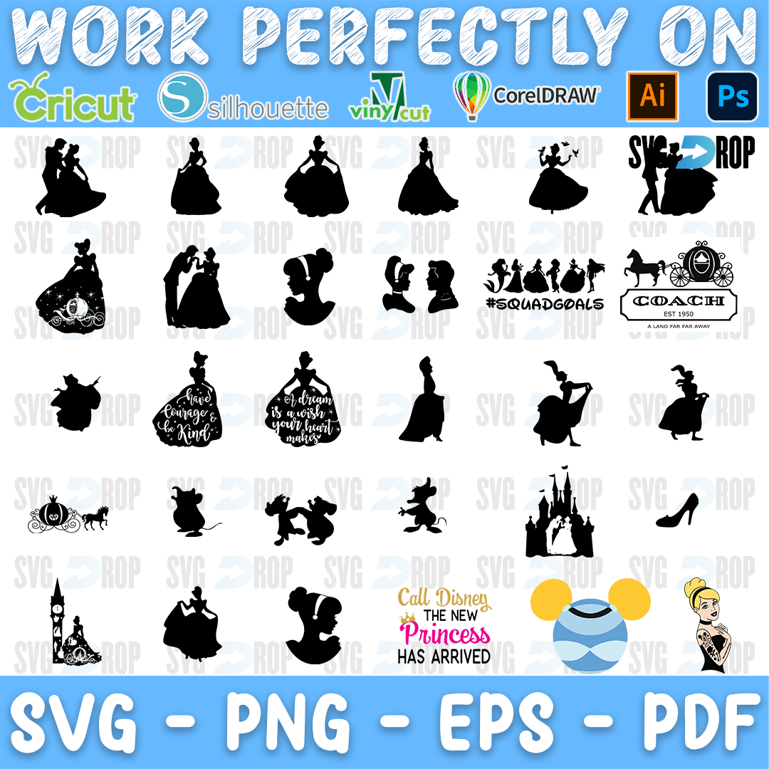 A sheet of black Cinderella silhouettes: the princess, a dancing couple, the carriage, the castle, a clock tower, Coach lettering. SVG bundle