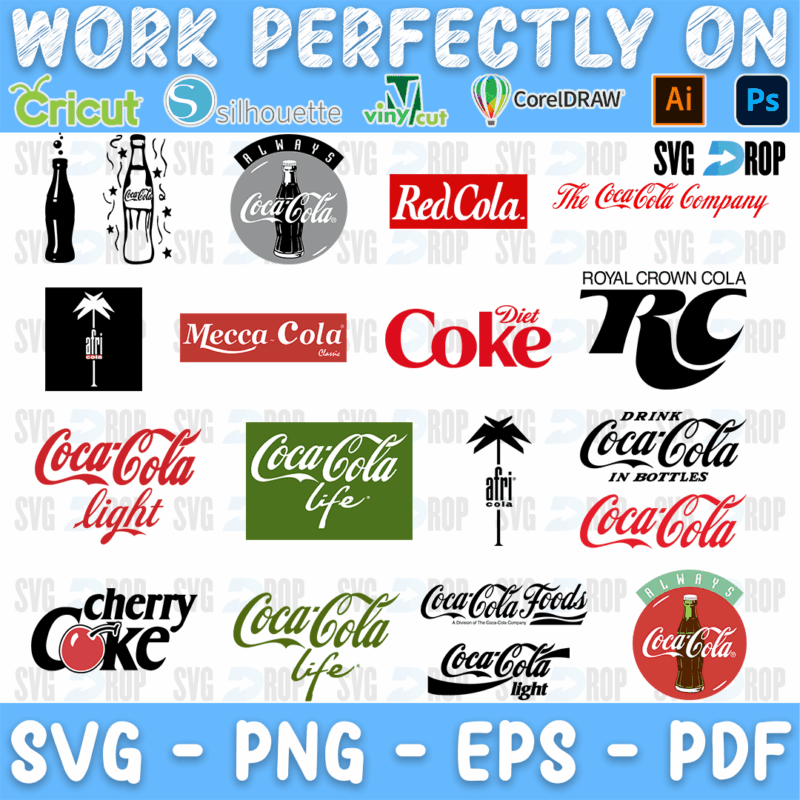 A Coca-Cola logo set: Coca-Cola script in red, white and green, Coke, Diet Coke, Cherry Coke, Coca-Cola Life and Light logos, a classic. SVG bundle