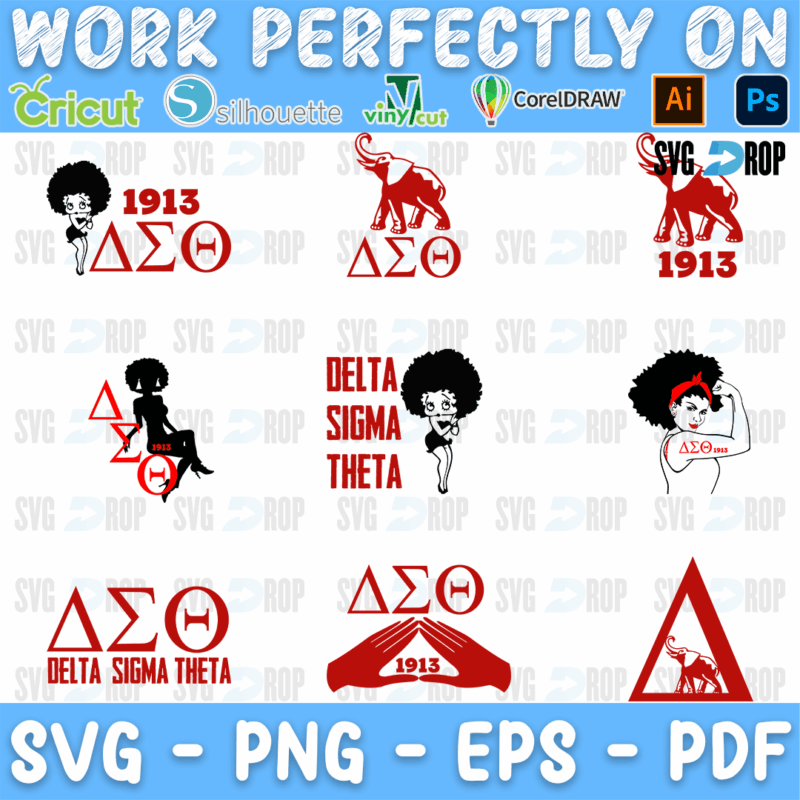 A Delta Sigma Theta sorority set in red and black: the Greek letters, 1913, the elephant, the pyramid, Delta Sigma Theta lettering. SVG bundle