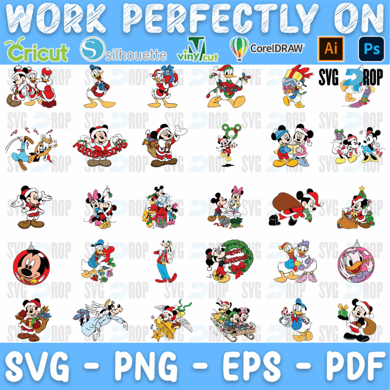 A sheet of full color Disney Christmas clipart: Mickey, Minnie, Donald, Daisy and Goofy in Santa hats with gifts, sleighs, round. SVG bundle