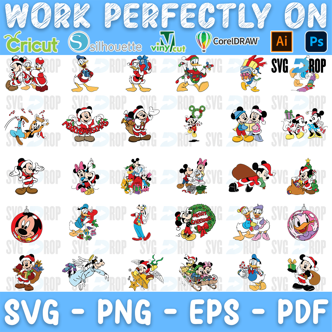A sheet of full color Disney Christmas clipart: Mickey, Minnie, Donald, Daisy and Goofy in Santa hats with gifts, sleighs, round. SVG bundle