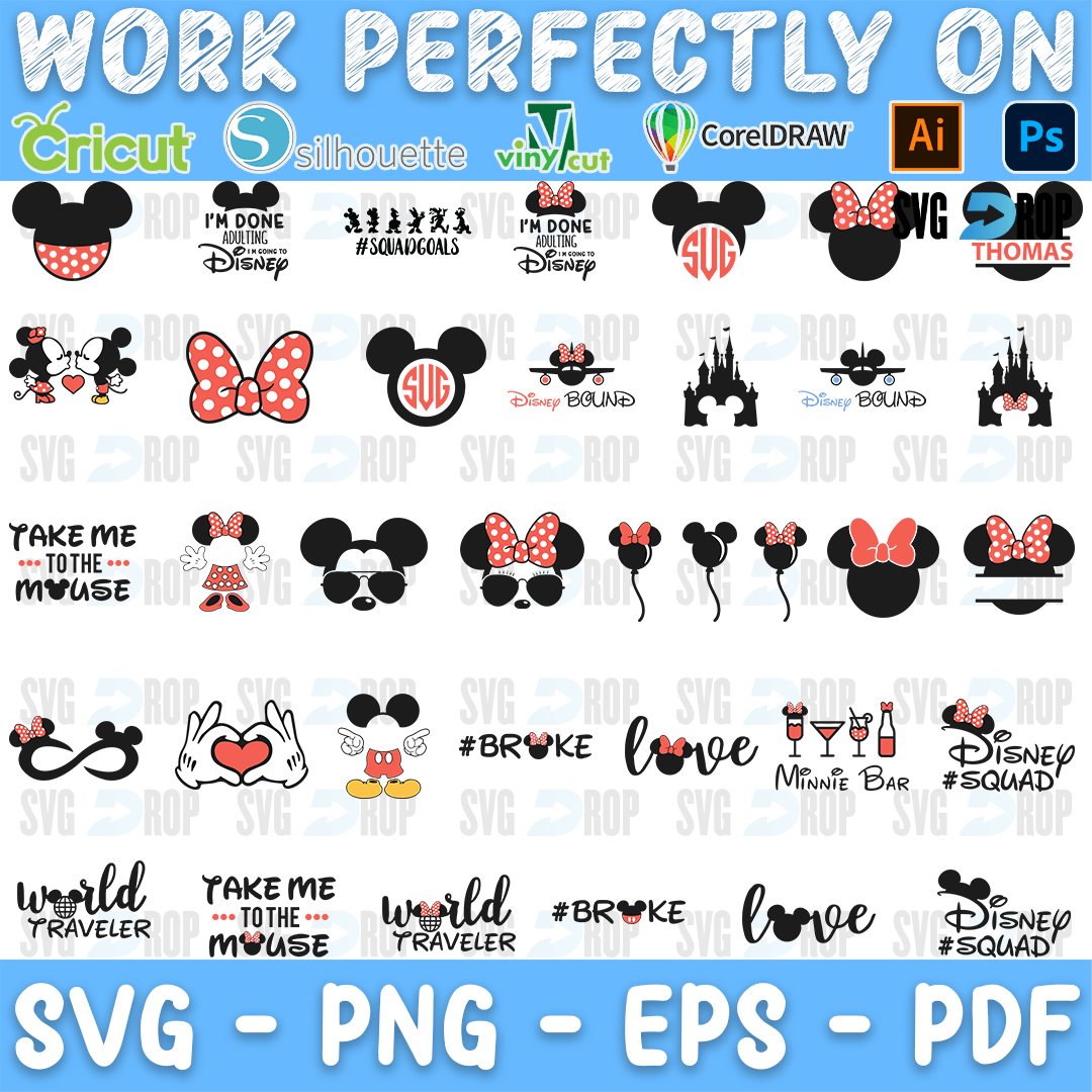 A sheet of Disney trip designs: Mickey and Minnie ears with bows, monograms, the castle, balloons, Take Me to the Mouse, World Traveler. SVG bundle