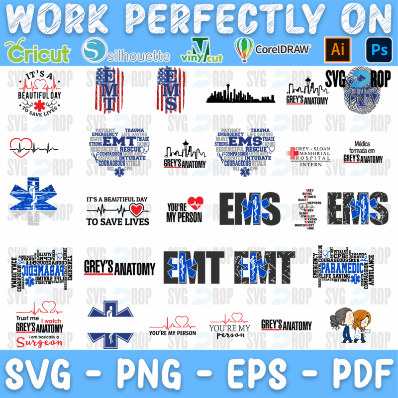 A medical design set: EMT and EMS word art, It’s a Beautiful Day to Save Lives, You’re My Person, Grey’s Anatomy lettering, star of life. SVG bundle