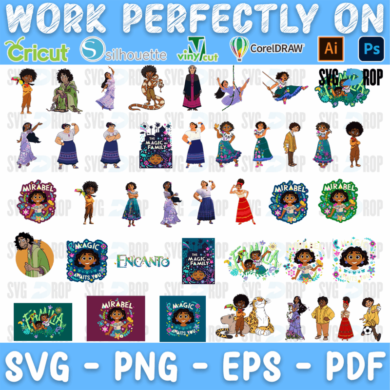 A sheet of Encanto designs: Mirabel badges, The Magic Family candle graphics, Encanto logos, family frames and many full color Madrigal. SVG bundle