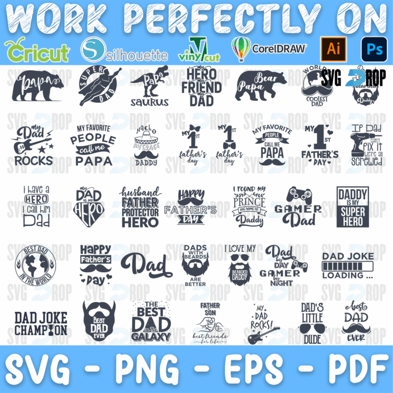 A set of black Father’s Day designs: Papa Bear, Dadasaurus, Hero Friend Dad, Dad Rocks, Gamer Dad, Daddy Superhero, Dad Joke Champion. SVG bundle