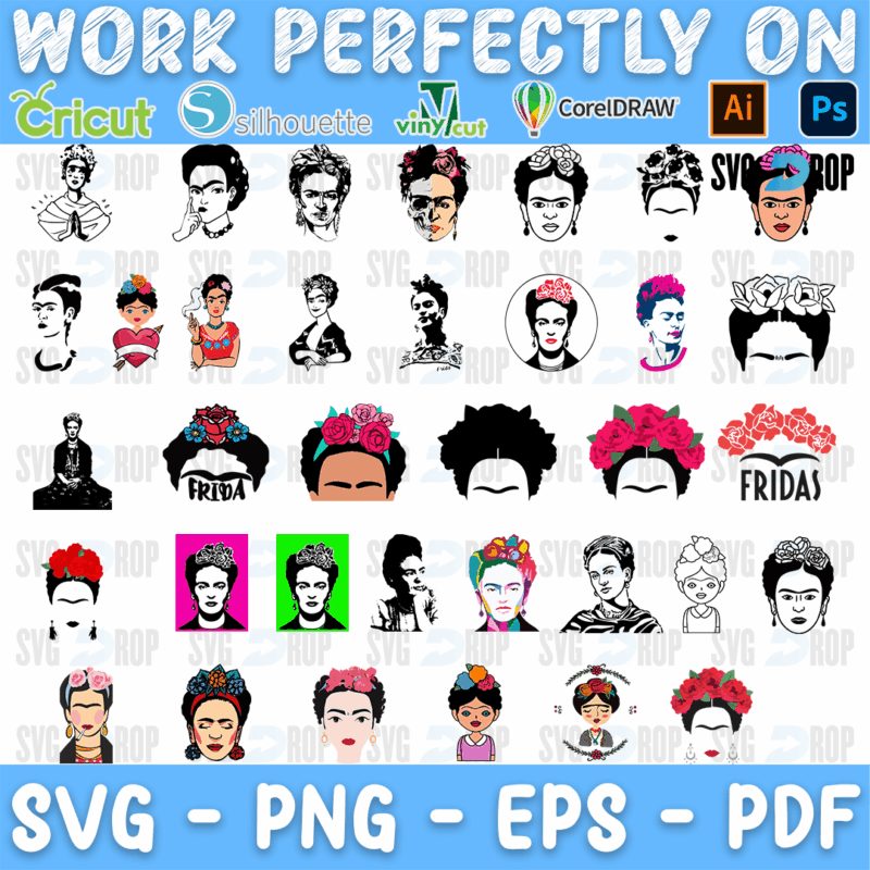 A Frida Kahlo set: portraits of Frida with her flower crown and unibrow in black line art and full color, pop art versions, Frida. SVG bundle