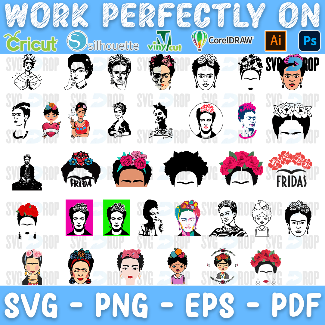 A Frida Kahlo set: portraits of Frida with her flower crown and unibrow in black line art and full color, pop art versions, Frida. SVG bundle