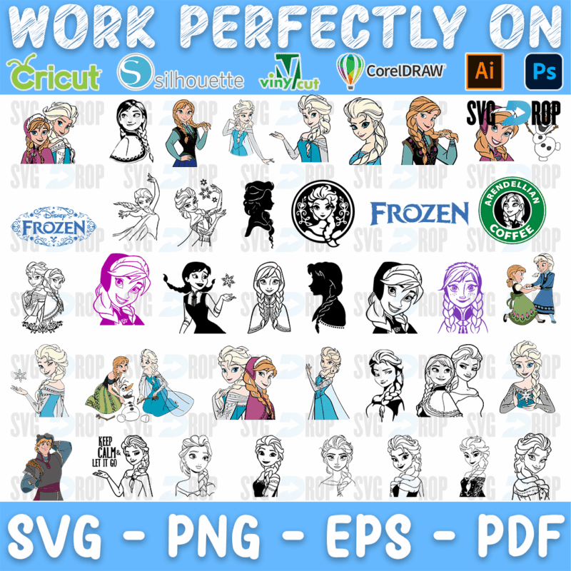 A Frozen set mixing color and black line art: Elsa and Anna portraits, black silhouette heads, Frozen logos, green coffee logo parodies. SVG bundle