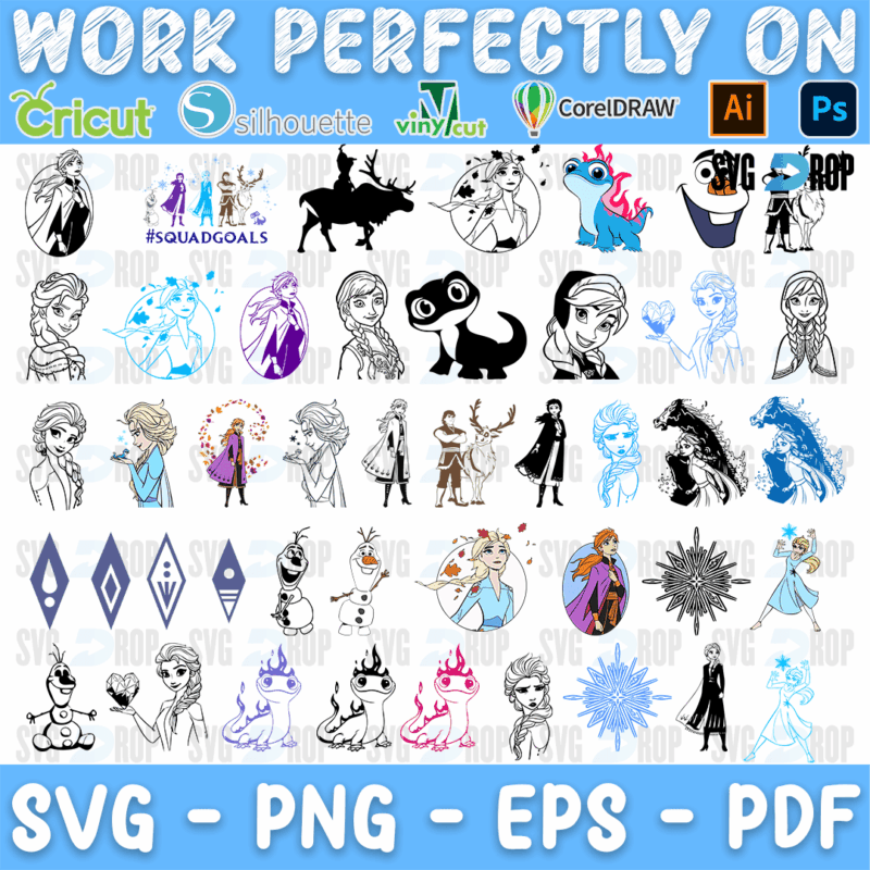 A Frozen set in line art and color: Elsa and Anna portraits, a Squad Goals lineup, the water horse, the fire salamander, Olaf, reindeer. SVG bundle